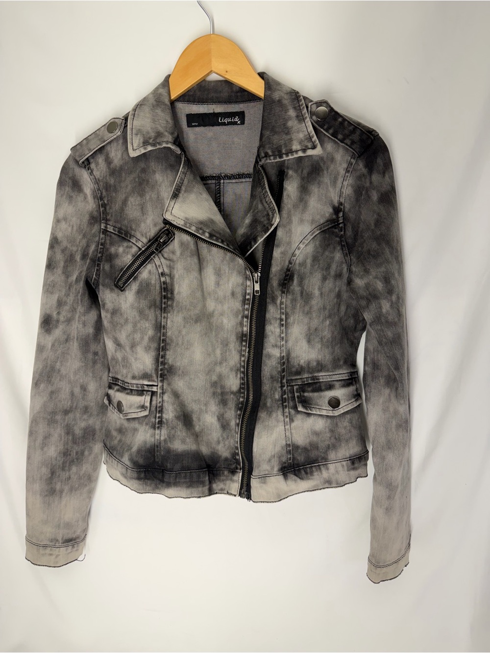 Liquido Washed Gray & Black Moto Jean Jacket